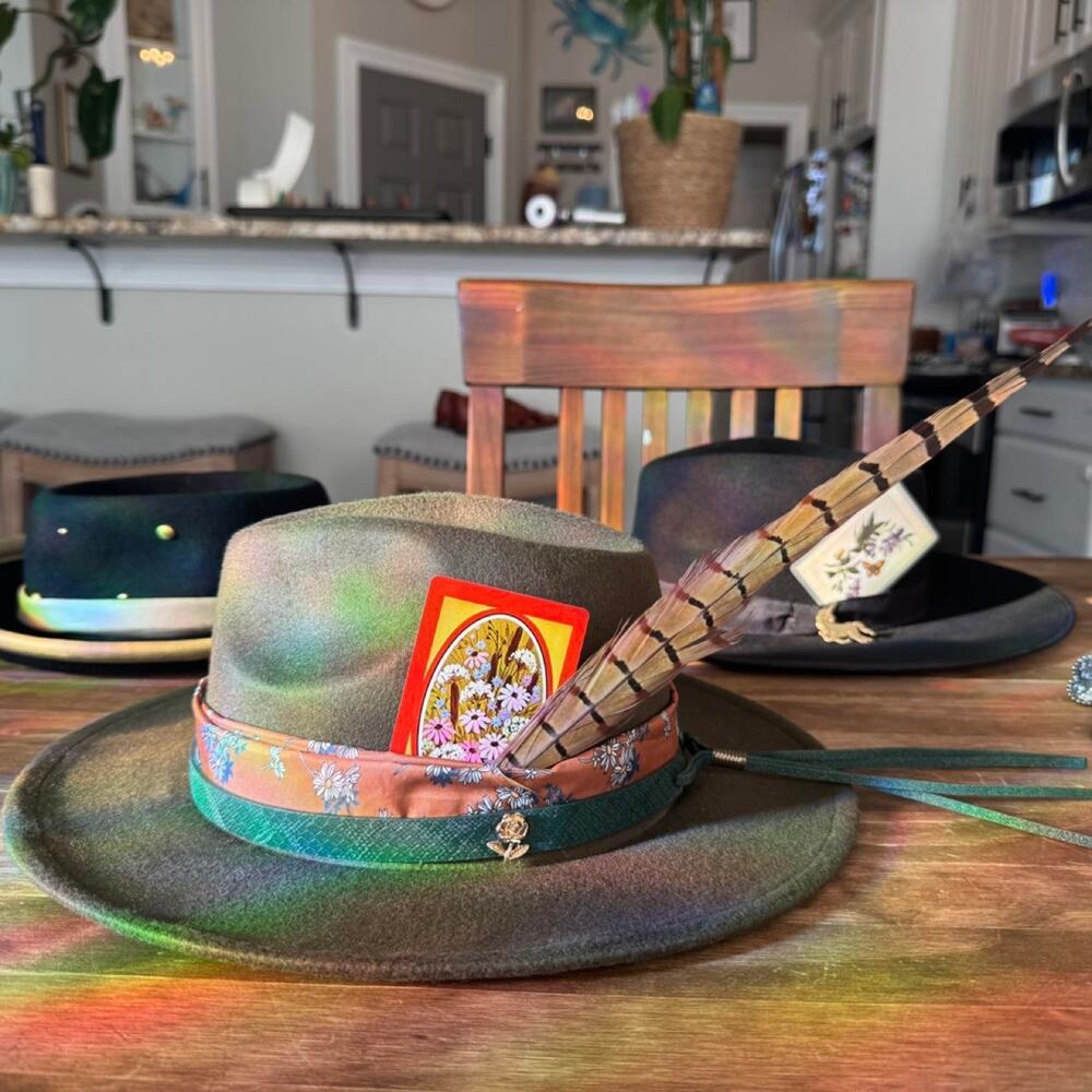 OOAK up-cycled Olive Green Western Hat with VTG 70s Card, Pheasant Feather & Pin